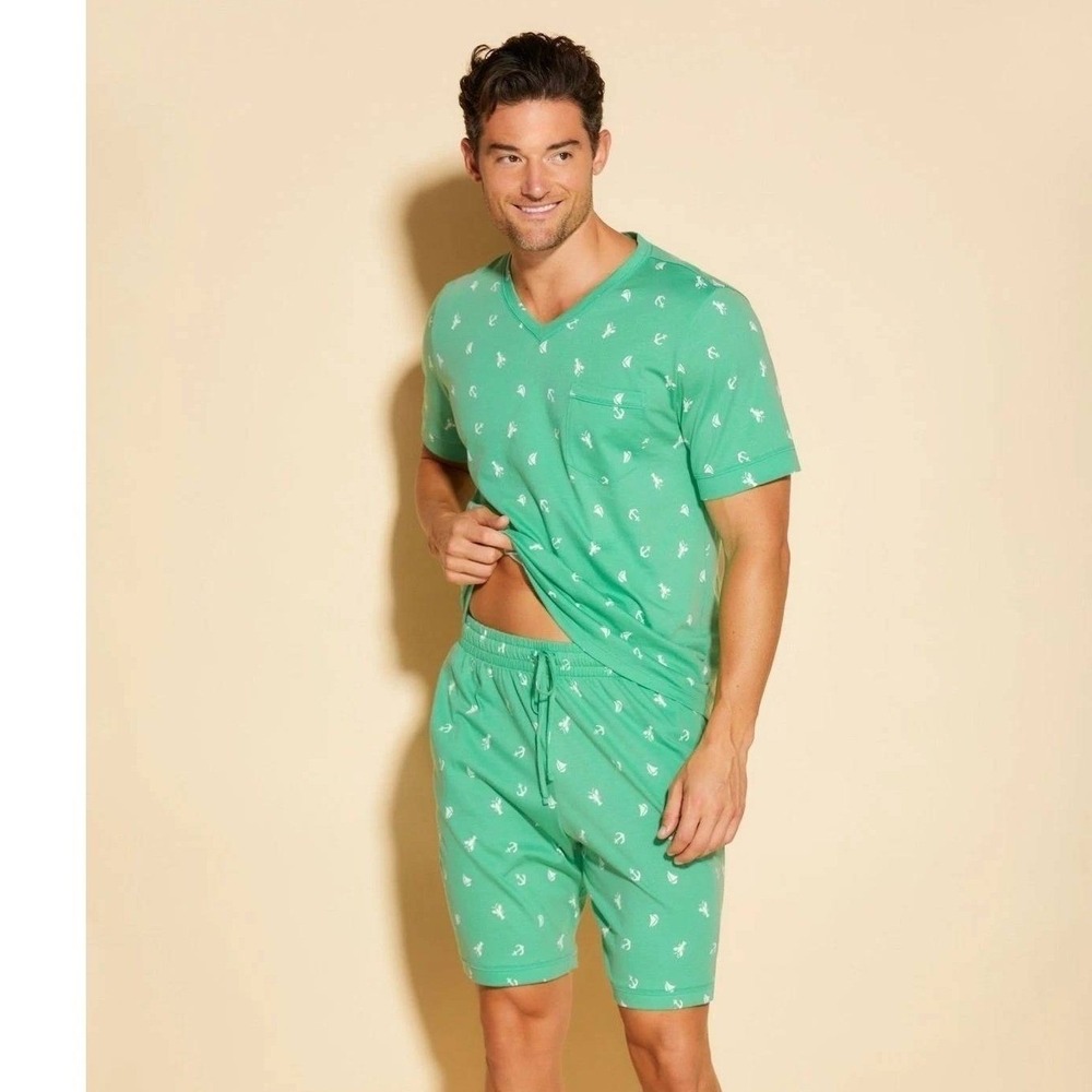 Cosabella Mens Road Trip Lounge Set Green Nautical Anchor Lobster Print Large